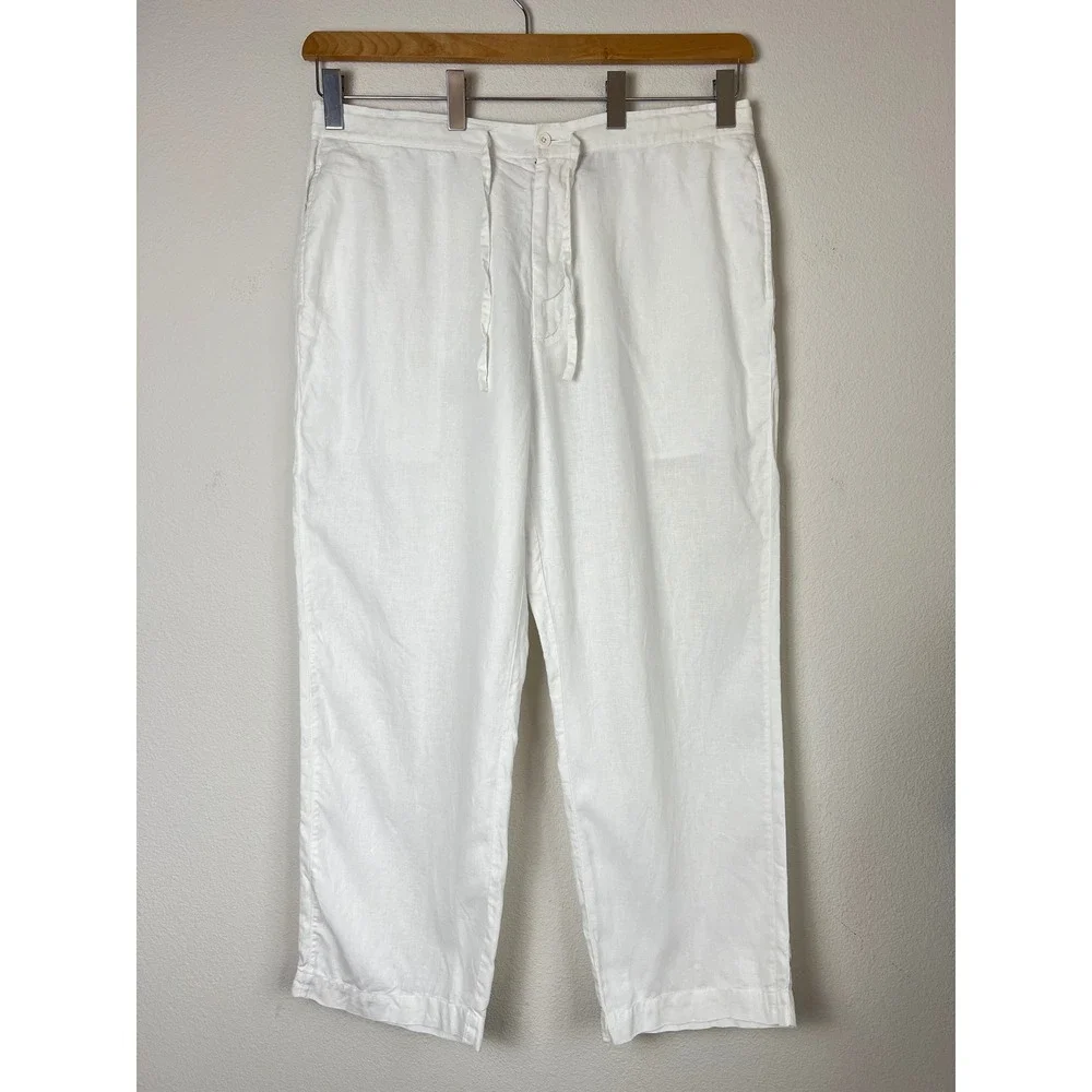 Brandini Mens XL White 100% Linen Drawstring Straight Leg Pants Beach Resort